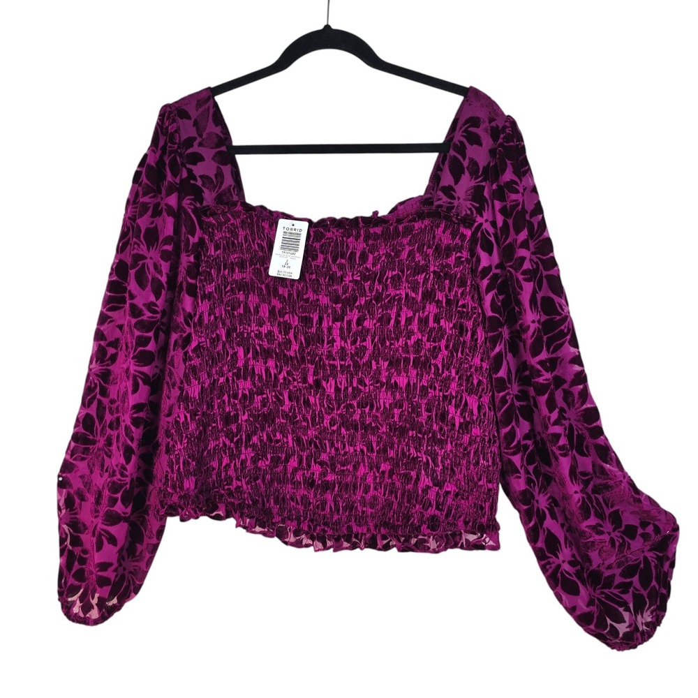 Torrid Velvet Burnout Blouse Woman 2X Burgundy Balloon Sleeve Plus Size Boho NEW
